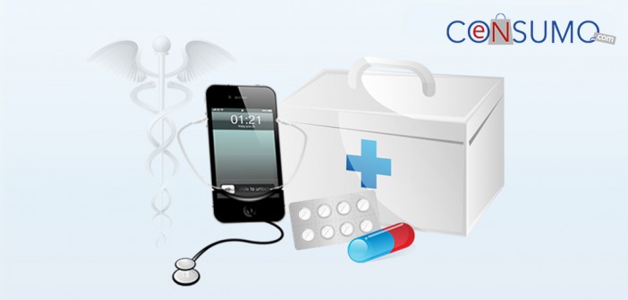 Ilustración de iphone con estetoscopio y medicamentos junto a un boqtiquin médico