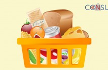 Ilustración de canasta de compras llena de productos como: frutas, verduras, pasta, pan, queso y enlatados