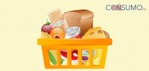 Ilustración de canasta de compras llena de productos como: frutas, verduras, pasta, pan, queso y enlatados