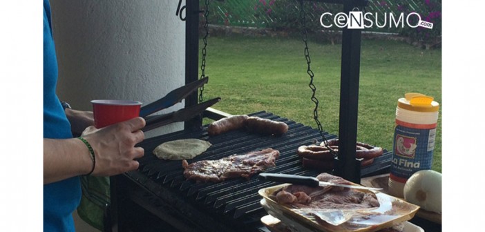 Fotografía de sujeto cocinando carne a la parrilla en un jardin