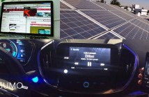 Tiendas online, paneles solares y tablero de auto electrico con smart phone