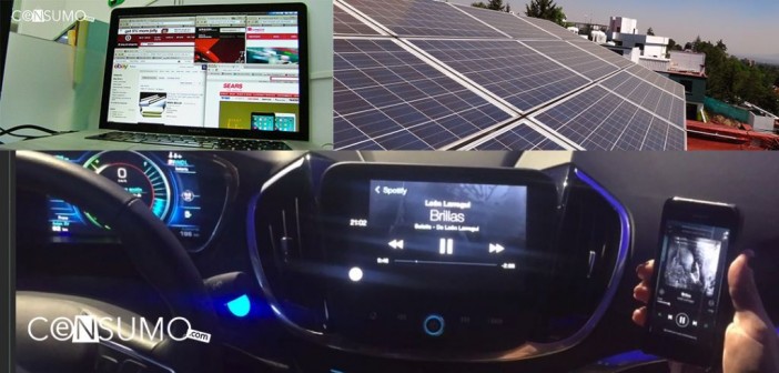 Tiendas online, paneles solares y tablero de auto electrico con smart phone