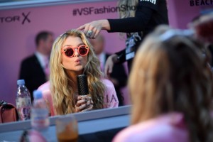 PARIS, FRANCE - NOVEMBER 30: Rachel Hilbert has her Hair & Makeup done prior the 2016 Victoria's Secret Fashion Show on November 30, 2016 in Paris, France. (Photo by Dimitrios Kambouris/Getty Images for Victoria's Secret)